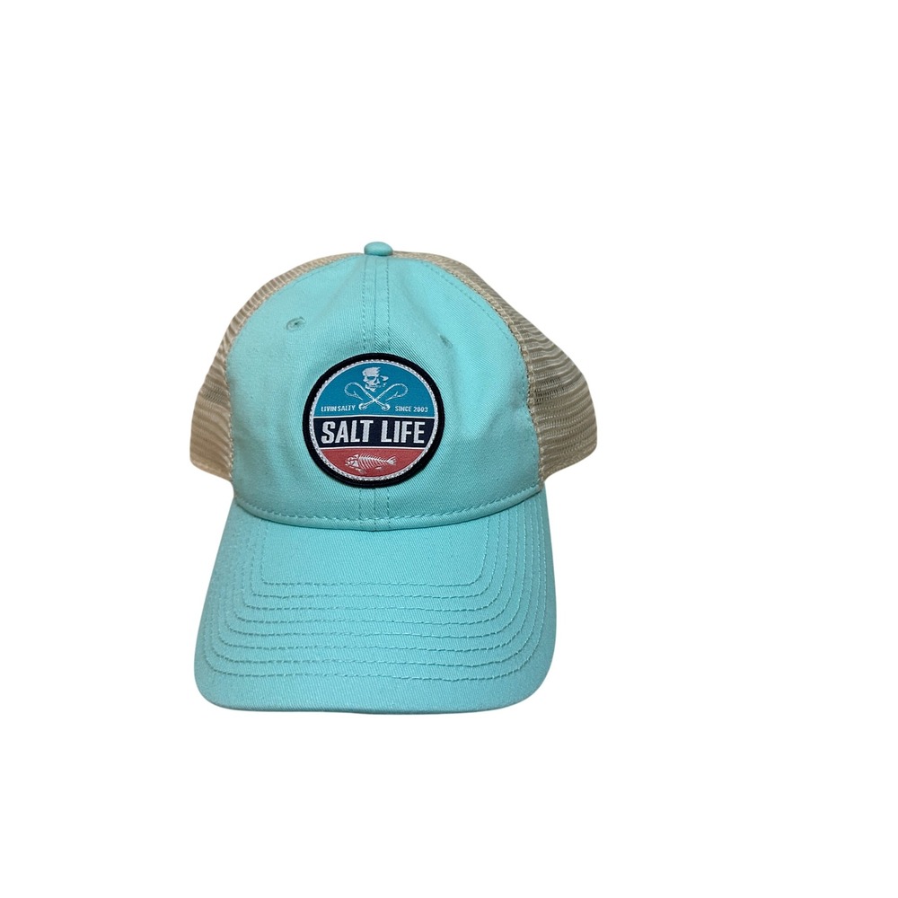 Salt Life Trucker Hat Aqua Blue Tan Mesh Snapback Fishing Surf Logo Patch Cap